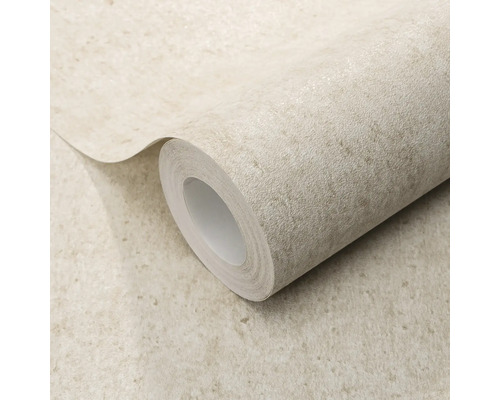 Gestructureerd vliesbehang in steenlook met fijne glans, beige behangrol voor wandafwerking.