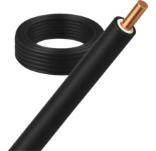 Solarkabel met koperen geleider en zwarte isolatie, weergegeven als rol en in doorsnede.
