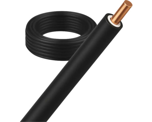 Solarkabel met koperen geleider en zwarte isolatie, weergegeven als rol en in doorsnede.
