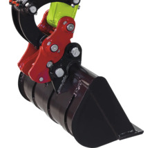 Zwarte graafbak voor minigraver met rode houder, geel gewrichtsstuk en metalen bouten.
