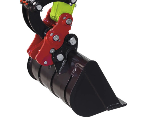 Zwarte graafbak voor minigraver met rode houder, geel gewrichtsstuk en metalen bouten.