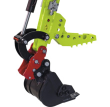 Mechanische klem voor graafmachine van metaal met groene, getande grijper en zwarte graafbak.