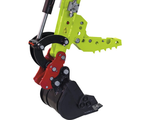 Mechanische klem voor graafmachine van metaal met groene, getande grijper en zwarte graafbak.