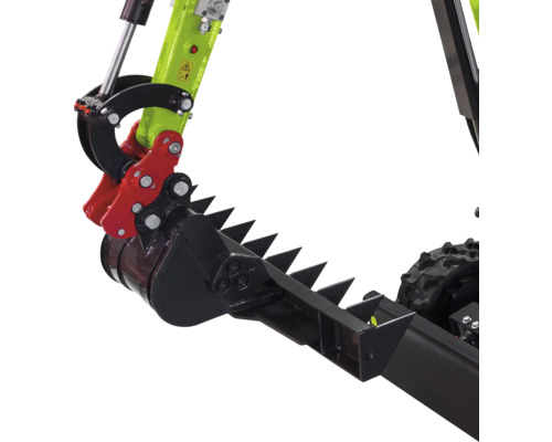 Graafbak met zwarte en rode getande grijper van staal voor minigraafmachine.