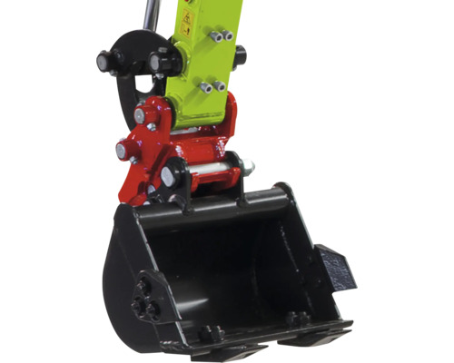 Dieplepel voor minigraafmachine met snelwissel en graafarm van metaal in zwart, rood en groen.