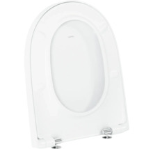 Witte Laufen toiletzitting met deksel in D-vorm, verchroomde scharnieren en Laufen Logo.