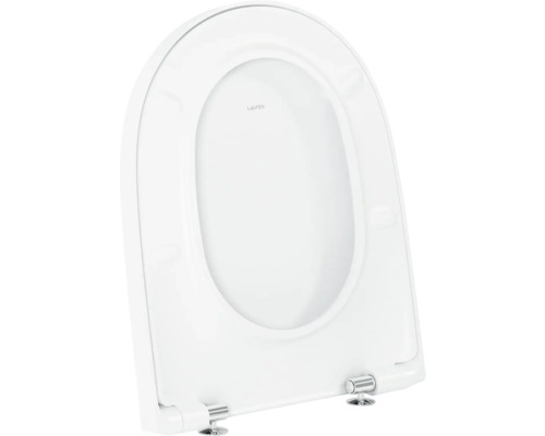 Witte Laufen toiletzitting met deksel in D-vorm, verchroomde scharnieren en Laufen Logo.