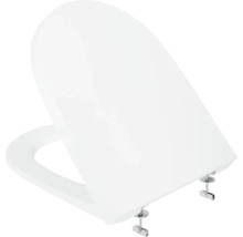 Witte toiletzitting met deksel en metalen bevestigingsscharnieren.