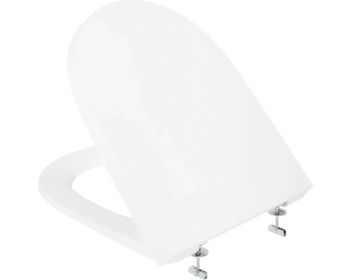 Witte toiletzitting met deksel en metalen bevestigingsscharnieren.