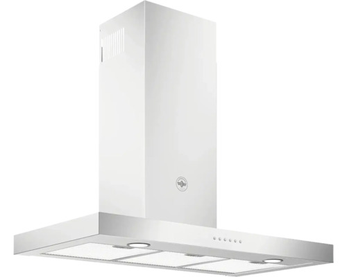 Wandafzuigkap in T-vorm van roestvrij staal met schacht, bedieningsknoppen en verlichting. La Germania Logo.