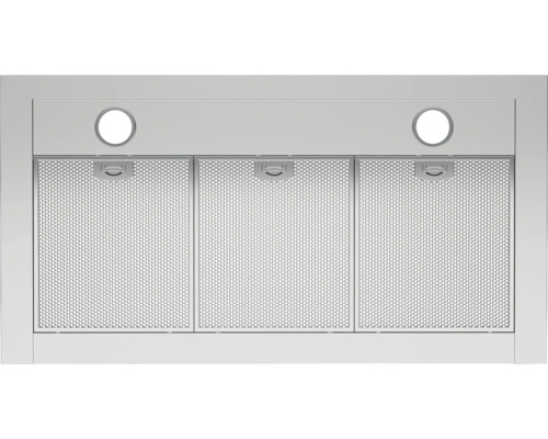 Onderaanzicht van een afzuigkap met drie metalen vetfilters en twee ronde ledlampen.