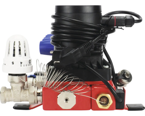 Pompstation voor vloerverwarming met thermostaatknop en elektrische circulatiepomp.