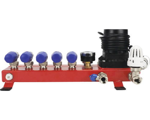 Vloerverwarmingsverdeler met circulatiepomp, manometer en thermostaatknop voor vijf groepen.