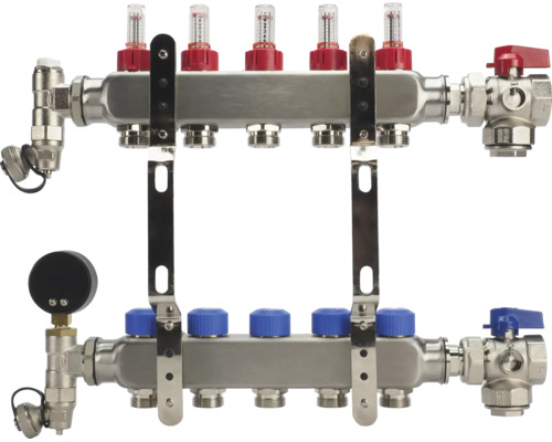 RVS vloerverwarming verdeler met vijf groepen, debietmeters, ventielen en manometer.