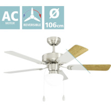Plafondventilator met wisselstroommotor, diameter 106 centimeter, omkeerbare draairichting, vijf omkeerbare bladen in wit en houtlook, met lamp.