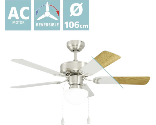 Plafondventilator met wisselstroommotor, diameter 106 centimeter, omkeerbare draairichting, vijf omkeerbare bladen in wit en houtlook, met lamp.