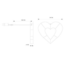Technische tekening van een hartvormige LED decoratie met een breedte van 38 centimeter, een diepte van 5 centimeter en een snoer van 500 centimeter.