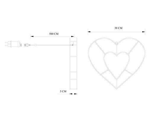 Technische tekening van een hartvormige LED decoratie met een breedte van 38 centimeter, een diepte van 5 centimeter en een snoer van 500 centimeter.