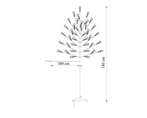 Maatschets van een led-lichtboom met een hoogte van 180 centimeter en een snoerlengte van 300 centimeter.
