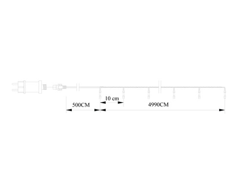 Technische tekening van een lichtsnoer met 500 centimeter snoerlengte, 10 centimeter lampafstand en 4990 centimeter totale lengte.