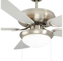 Plafondventilator met verlichting, behuizing van geborsteld metaal, vijf witte bladen en geïntegreerde lamp met opaalglas.