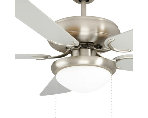 Plafondventilator met verlichting, behuizing van geborsteld metaal, vijf witte bladen en geïntegreerde lamp met opaalglas.