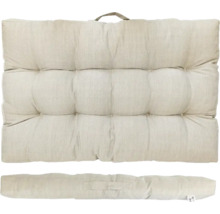 Gecapitoneerd palletkussen in beige met handgreep, vooraanzicht en zijaanzicht.
