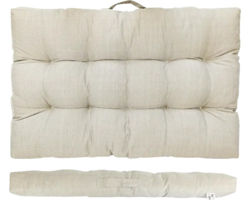 Gecapitoneerd palletkussen in beige met handgreep, vooraanzicht en zijaanzicht.
