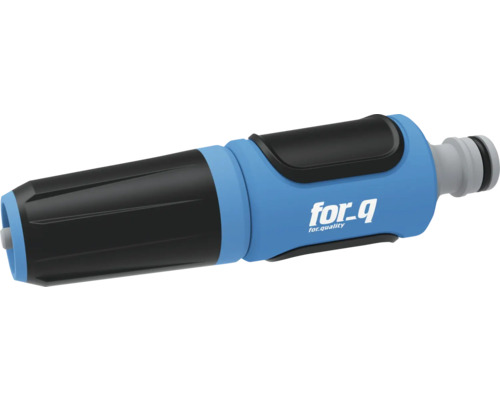 for_q tuinspuit van kunststof met verstelbare sproeistraal en ergonomische handgreep in blauw en zwart.