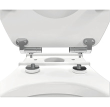 Detailopname van een metalen toiletbrilscharnier op een wit toilet.