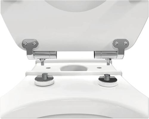 Detailopname van een metalen toiletbrilscharnier op een wit toilet.