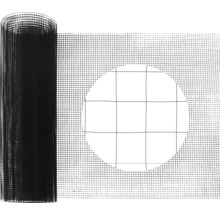 Zwart fijnmazig gaas op rol met detailweergave van de maasstructuur.