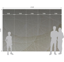 Fotobehang met bladnerfpatroon, 375 bij 270 centimeter, bestaande uit vijf banen van 75 centimeter breed.