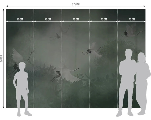 Fotobehang kraanvogels in mistig boslandschap, breedte 375 centimeter, hoogte 270 centimeter, bestaande uit 5 banen van 75 centimeter.
