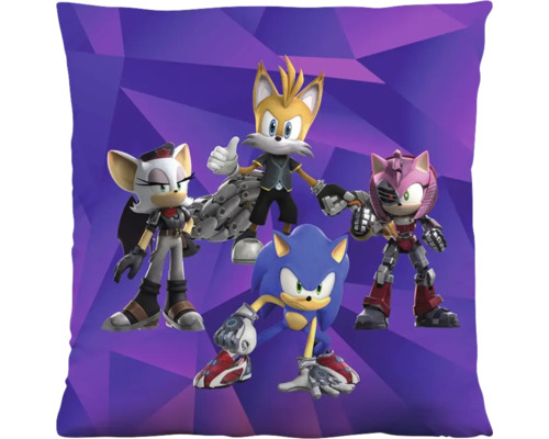 Vierkant kussen met Sonic the Hedgehog personages Sonic, Tails, Amy Rose en Rouge the Bat.