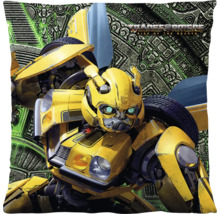 Kussen met Bumblebee-motief uit Transformers Rise of the Beasts en Transformers Logo op een achtergrond met patroon.