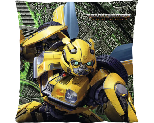 Kussen met Bumblebee-motief uit Transformers Rise of the Beasts en Transformers Logo op een achtergrond met patroon.