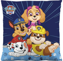 Vierkant sierkussen met Paw Patrol Logo en de personages Chase, Skye, Rubble en Marshall.