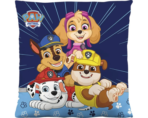 Vierkant sierkussen met Paw Patrol Logo en de personages Chase, Skye, Rubble en Marshall.