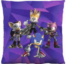 Vierkant sierkussen met Sonic the Hedgehog, Tails, Amy Rose en Rouge uit Sonic Prime op een paarse geometrische achtergrond.