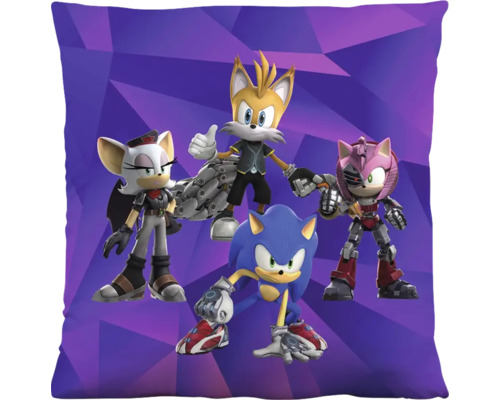 Vierkant sierkussen met Sonic the Hedgehog, Tails, Amy Rose en Rouge uit Sonic Prime op een paarse geometrische achtergrond.