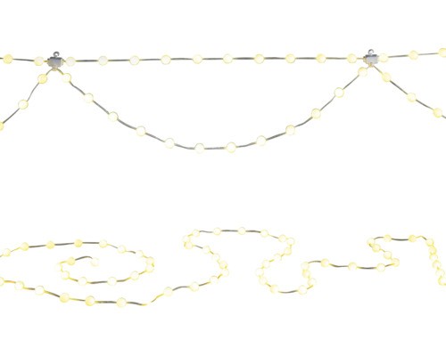 LED-lichtsnoer met kleine lichtpunten, hangend en liggend weergegeven.