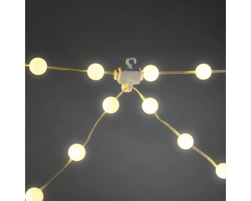 LED-lichtsnoer met warmwitte bolvormige lampjes en een centrale ophanghaak.