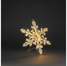 LED-sneeuwvlok met warmwitte lampjes en metalen standaard voor kerstdecoratie.