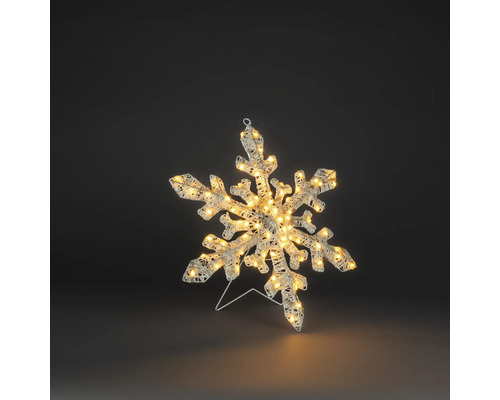 LED-sneeuwvlok met warmwitte lampjes en metalen standaard voor kerstdecoratie.