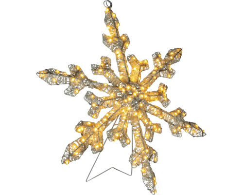 Verlichte kerstboompiek in de vorm van een sneeuwvlok met warme lichtjes en zilveren glinsterende netstructuur.