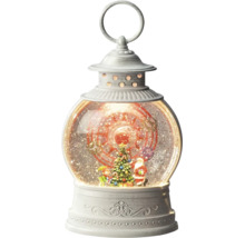 Witte waterlantaarn met kersttafereel, Kerstman, versierde kerstboom en elf, glinstereffect.