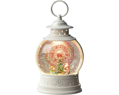 Witte waterlantaarn met kersttafereel, Kerstman, versierde kerstboom en elf, glinstereffect.