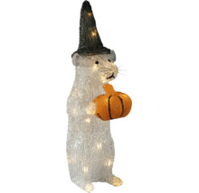 Verlichte LED-decoratiefiguur muis met zwarte heksenhoed en oranje pompoen, van kunststof.