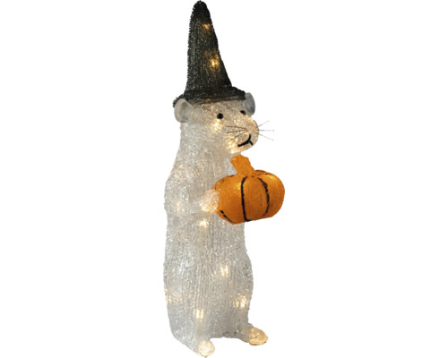 Verlichte LED-decoratiefiguur muis met zwarte heksenhoed en oranje pompoen, van kunststof.